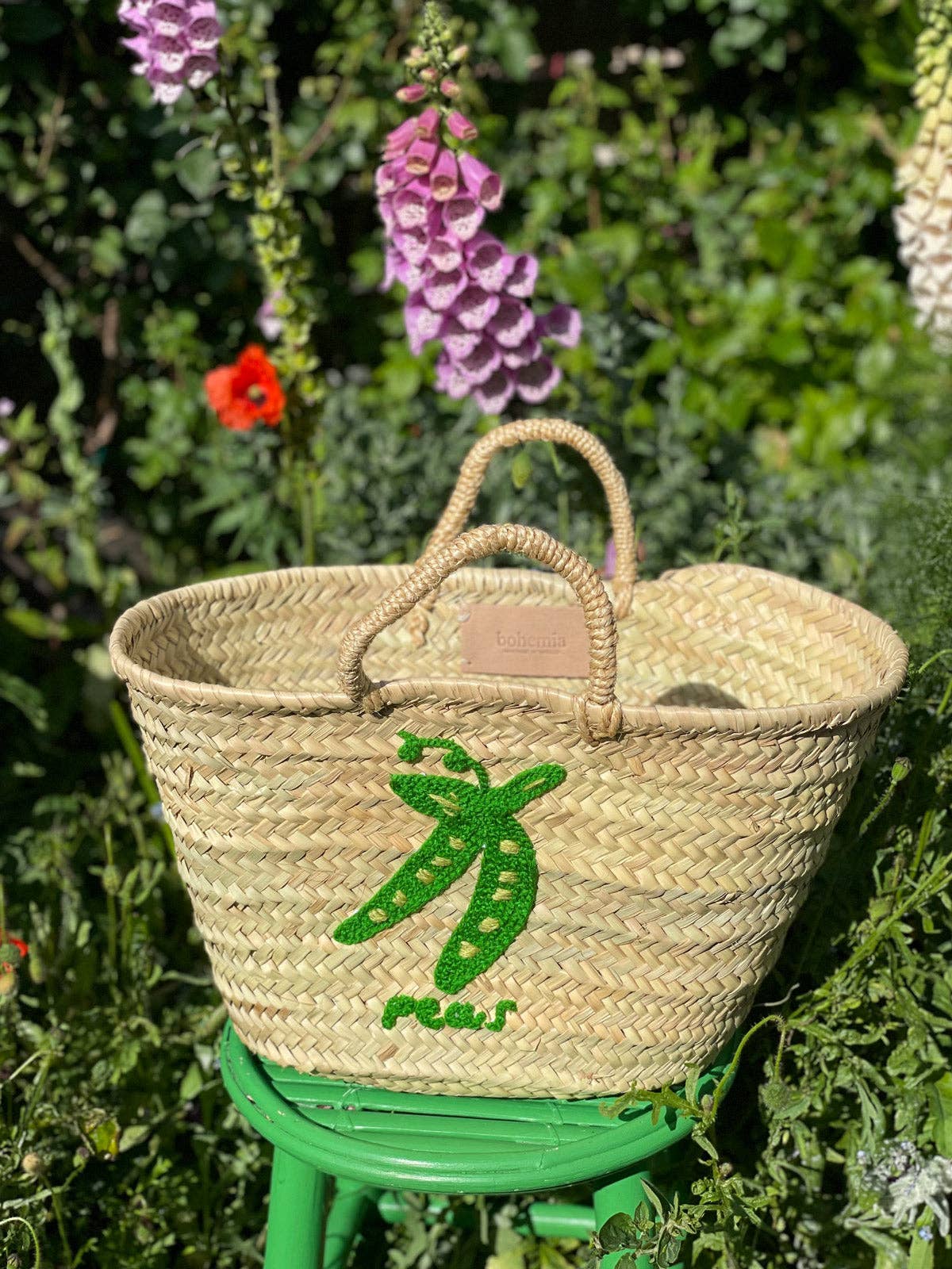 Hand Embroidered Market Basket, Peas
