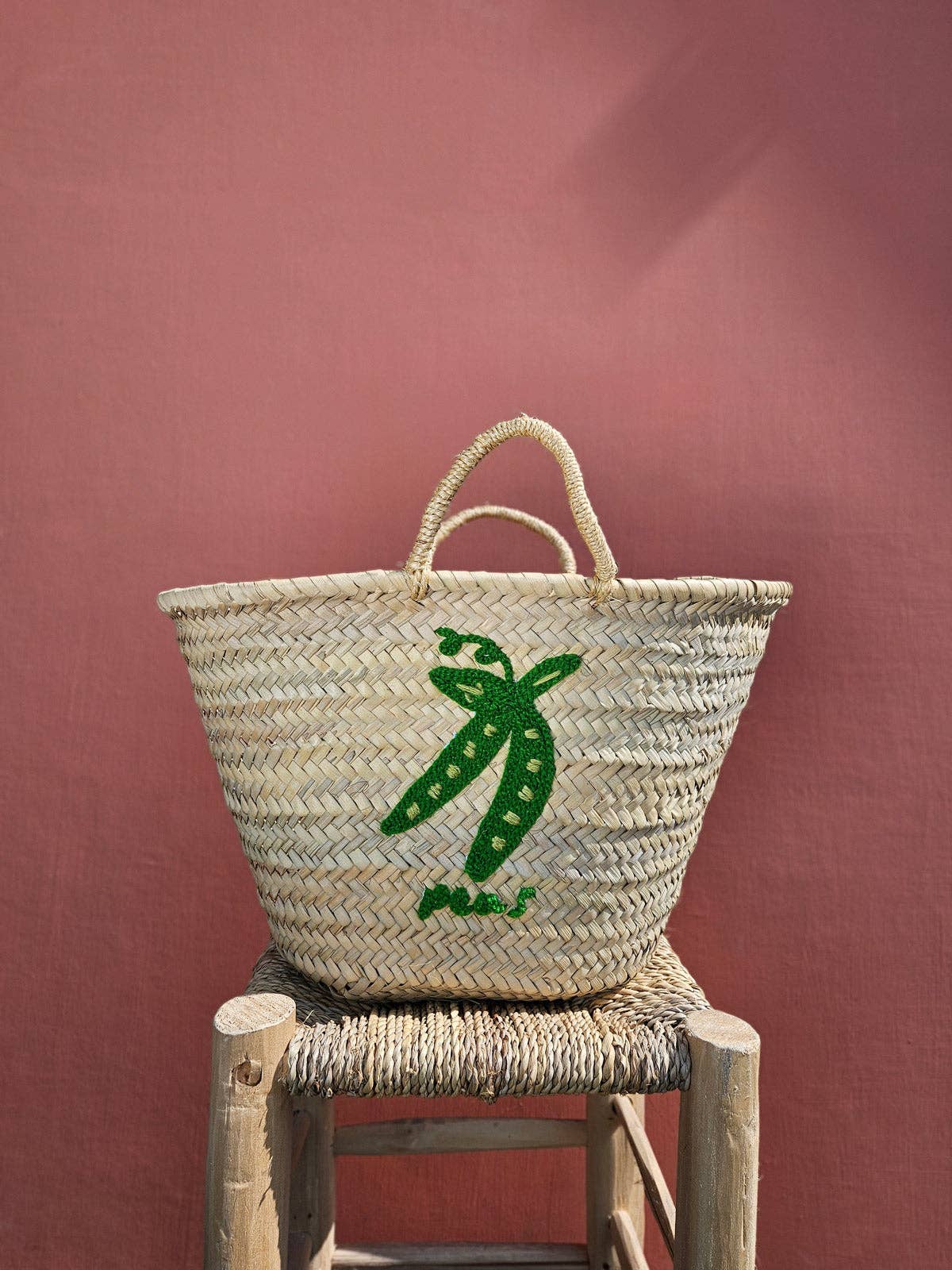 Hand Embroidered Market Basket, Peas