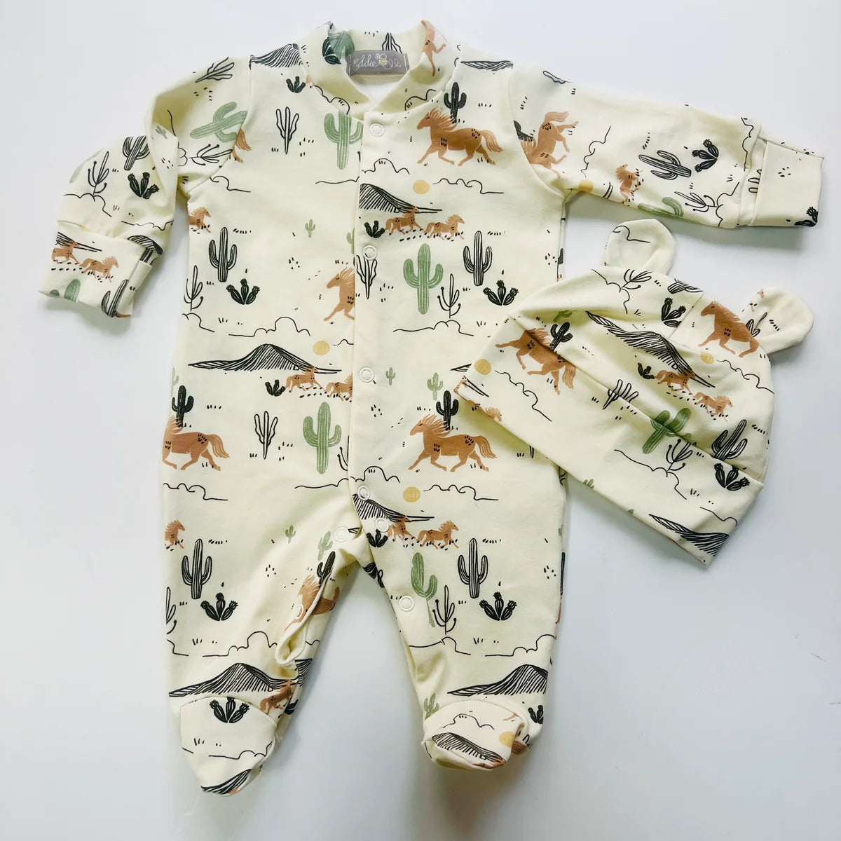 Baby Hats Wild West Cowboy Cactus Horse Print Organic Cotton 0-3 Months