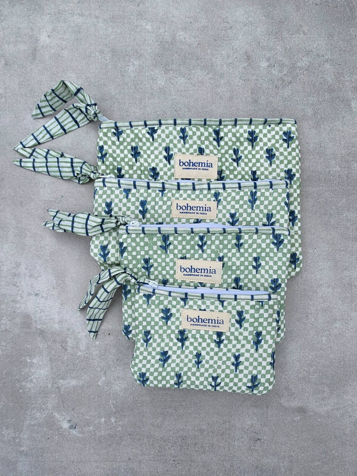 Medium Tulip Check Zip Pouch, Hand Block Printed in India