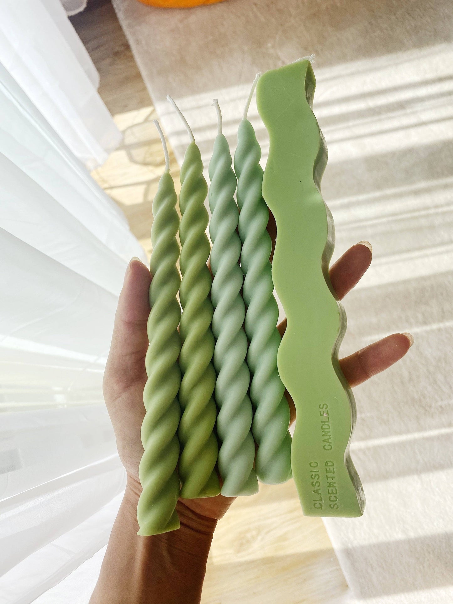 Emerald Green Twirl Candle sticks Set. Vegan, Soy.