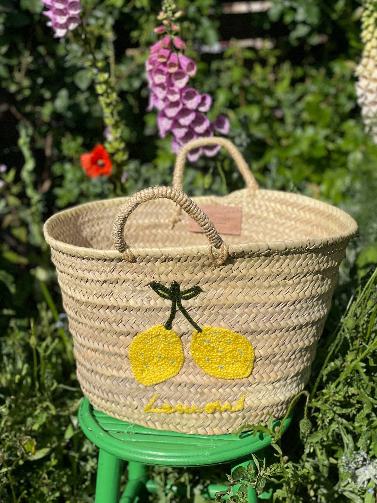 Hand Embroidered Market Basket, Lemons