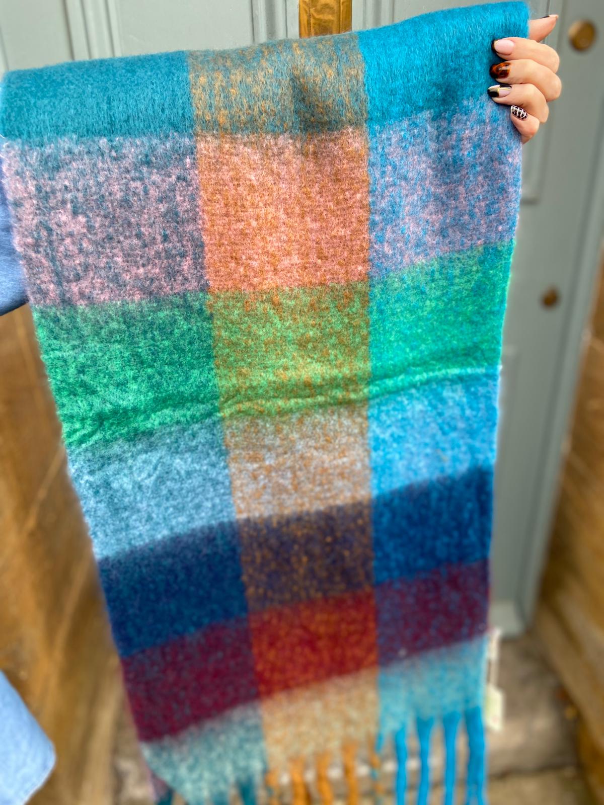 Super Soft Cosy Check Scarf, Teal & Peach