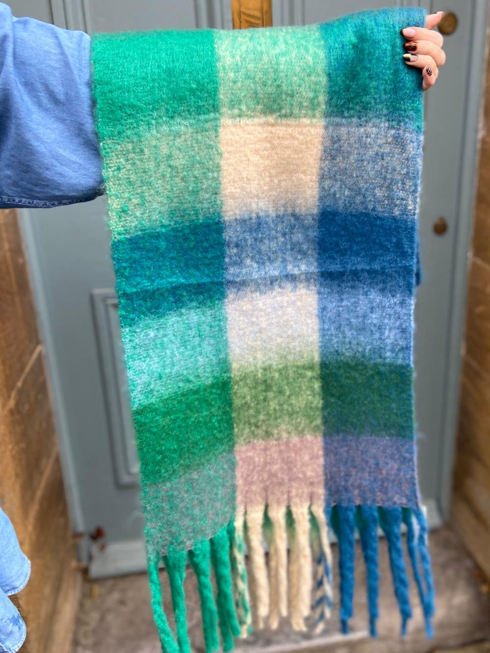 Super Soft Cosy Check Scarf, Blue & Cream