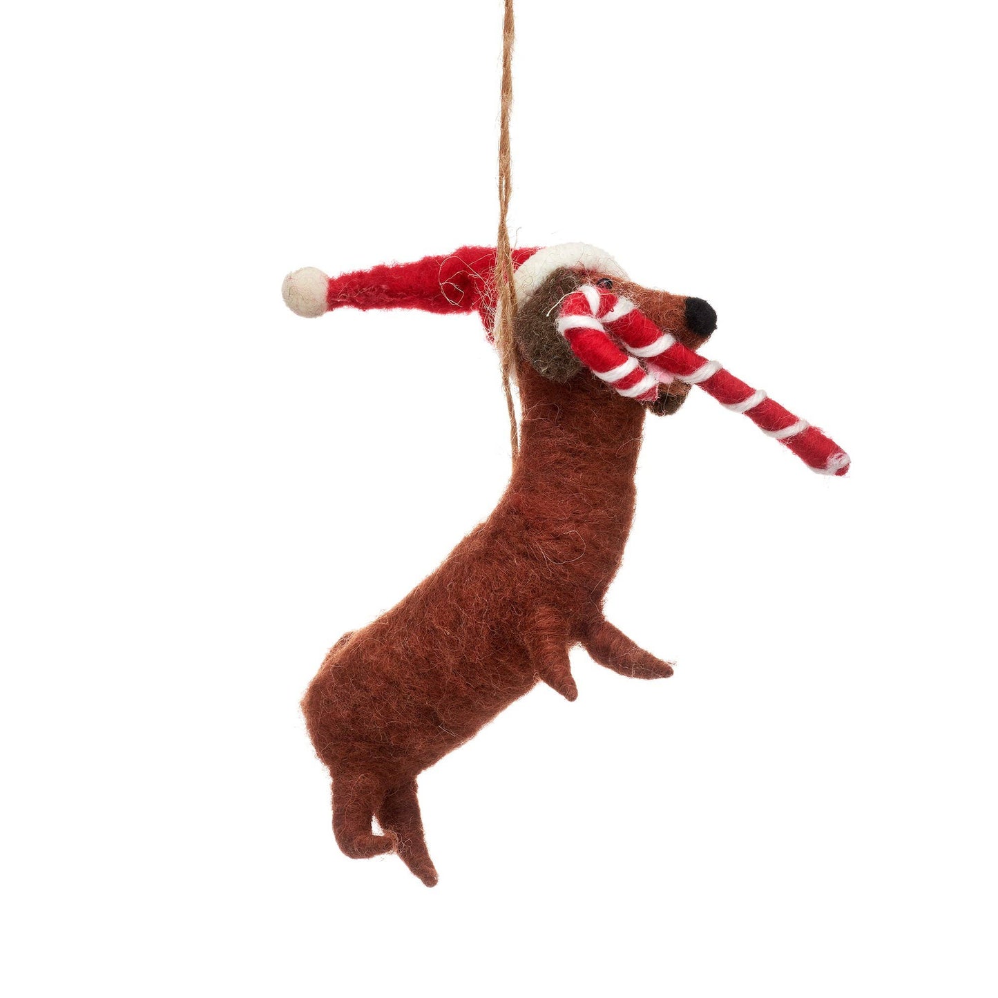 Felt Sausage Dog with Candy Cane Hanging Decoration