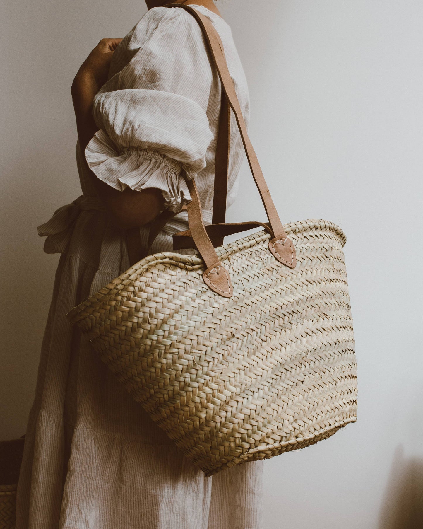 Generous French Market Palm Leaf & Leather Basket Bag