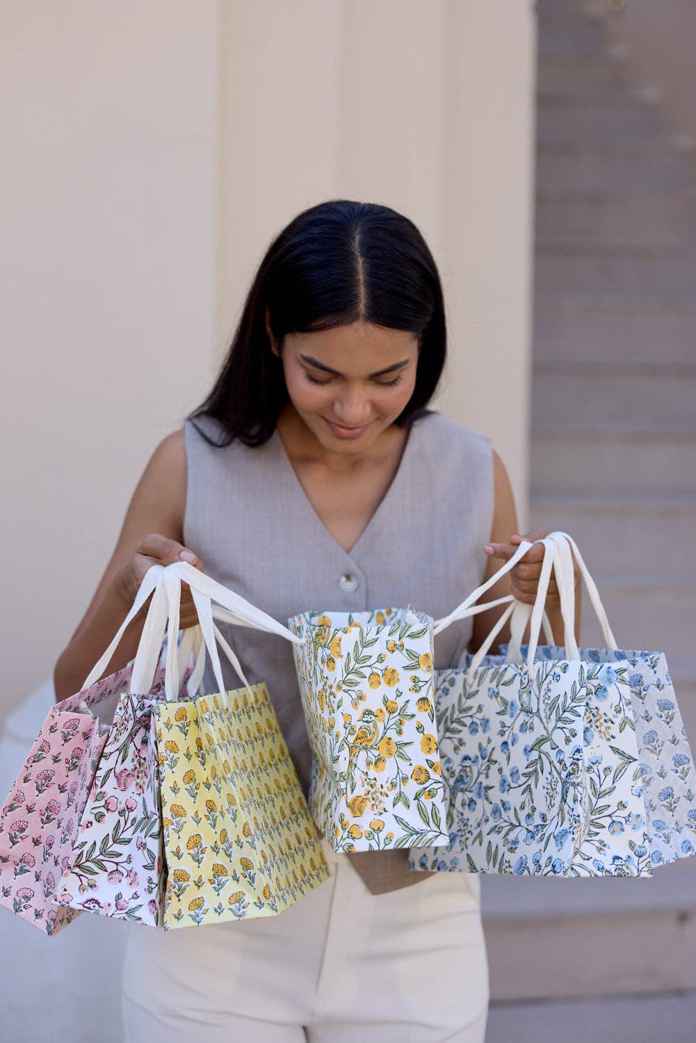 Ditsy Blue Stone Medium Block Printed Gift Bags