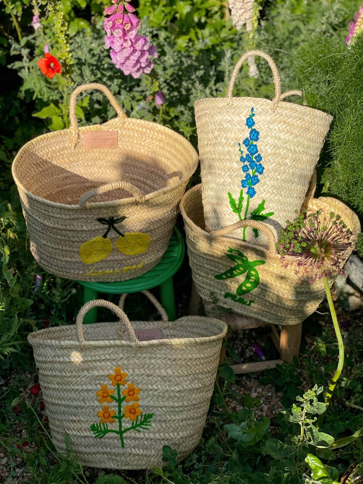 Hand Embroidered Market Basket, Peas