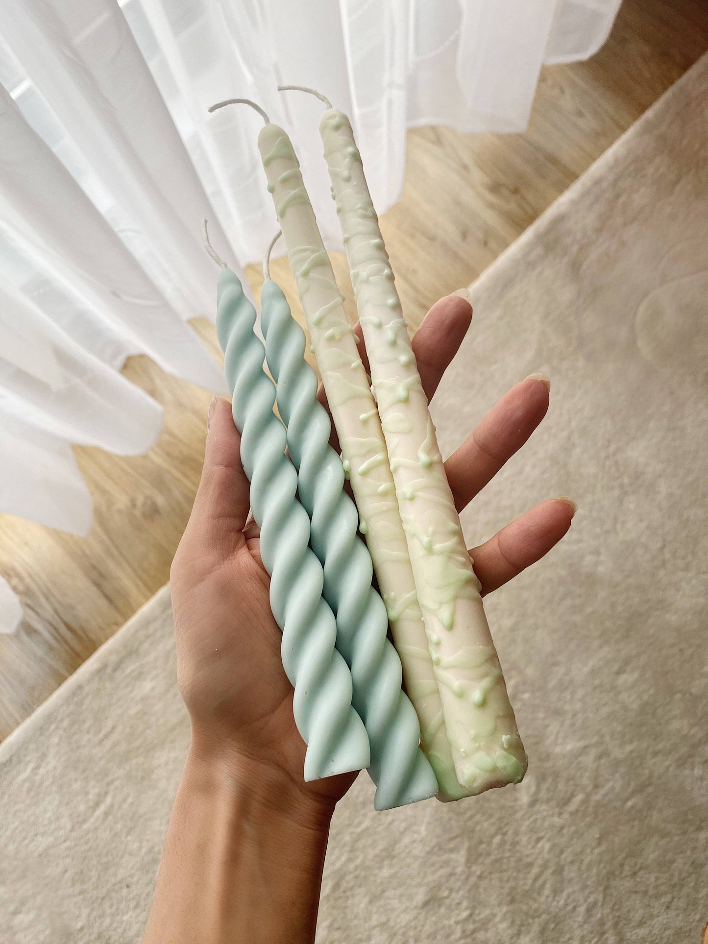 Ice Blue Twirl Candle sticks Set. Vegan, soy.