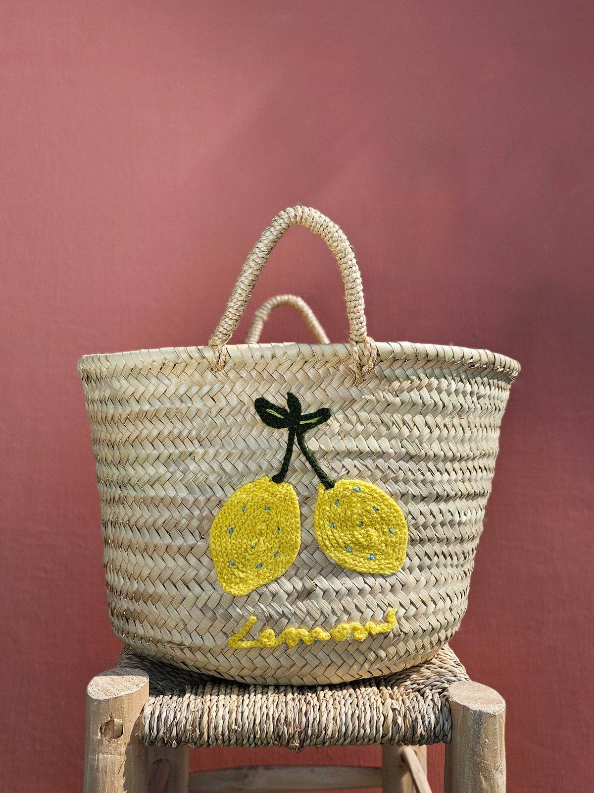 Hand Embroidered Market Basket, Lemons