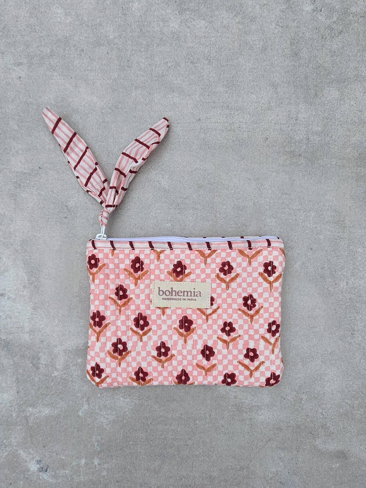 Medium Daisy Check Zip Pouch, Hand Block Printed in India