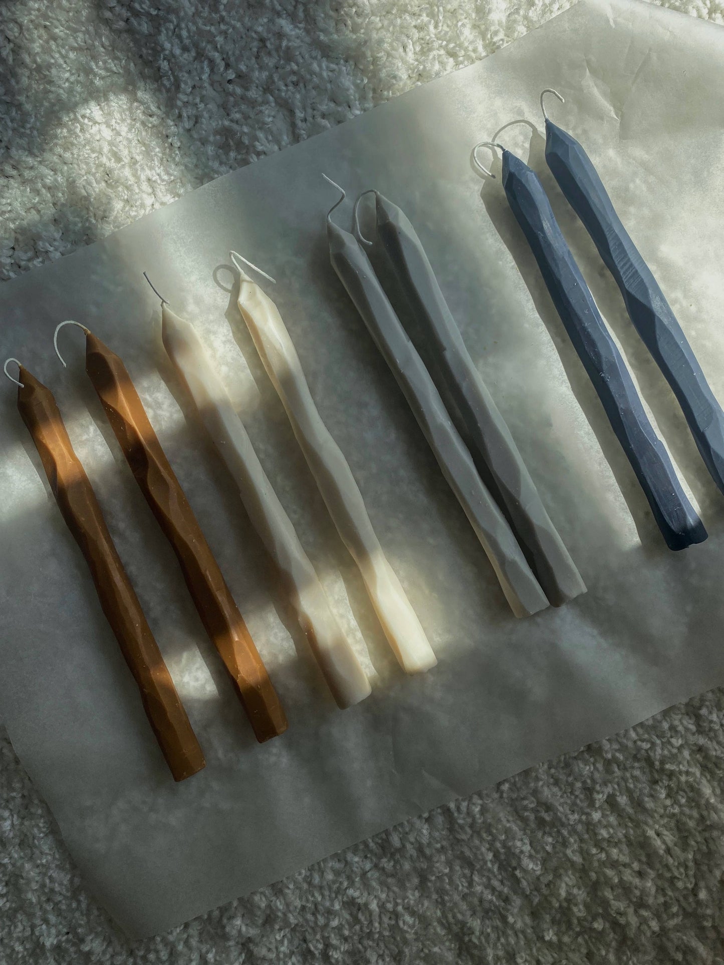 Hand carved Toffee tapered candle sticks. Vegan, soy wax