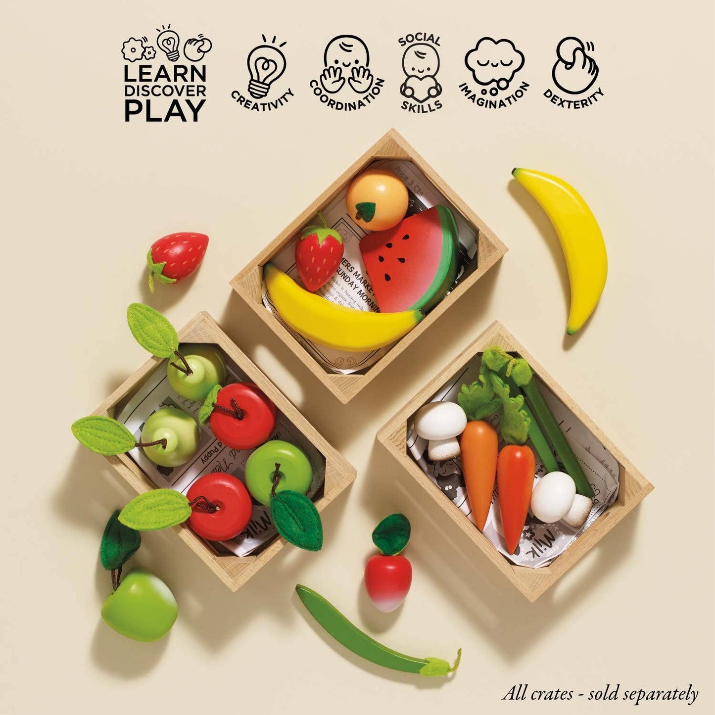 Orchard Fruits Wooden Market Crate Set Children Toddler Toys