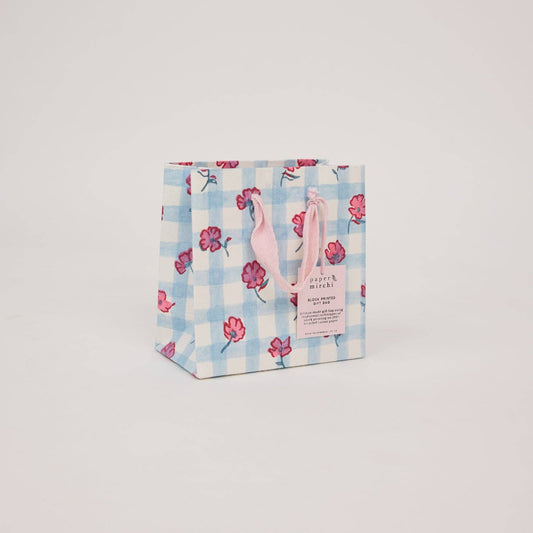 Gingham Pink Small Hand Block Printed Gift Bags