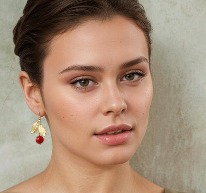 Vintage Glass & Solid Brass Red Cherry Earrings