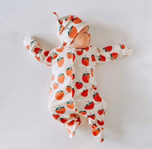 Strawberries & Cream Organic Cotton Baby Sleep Suit Onesie Newborn - 12m