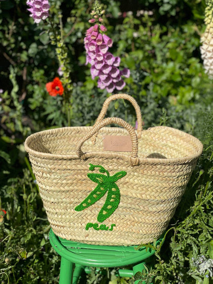 Hand Embroidered Market Basket, Peas
