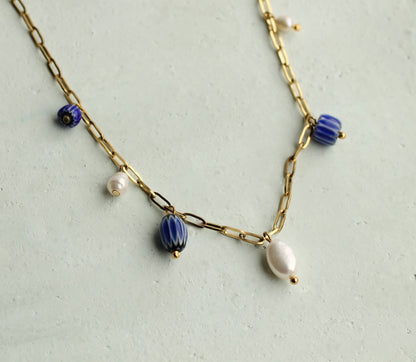 Blue Delft Freshwater Pearl Charm Necklace