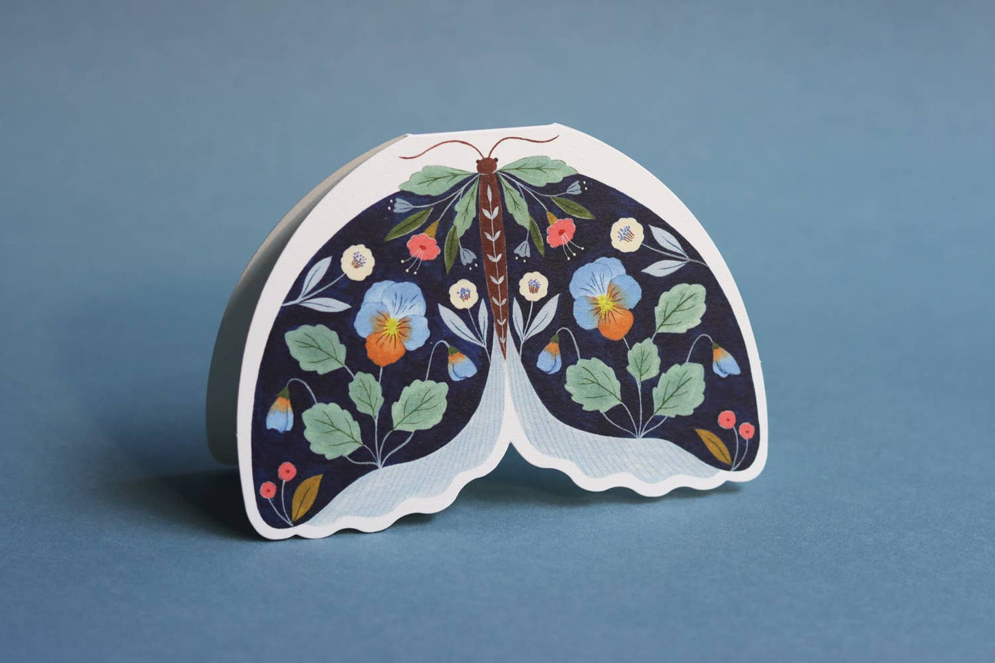 Dark Blue Floral Moth shaped card