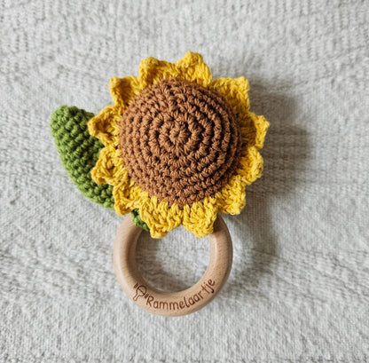 Sunflower Handmade Crochet Baby Toy Rattle with Bell Beech Wood Ring Gift