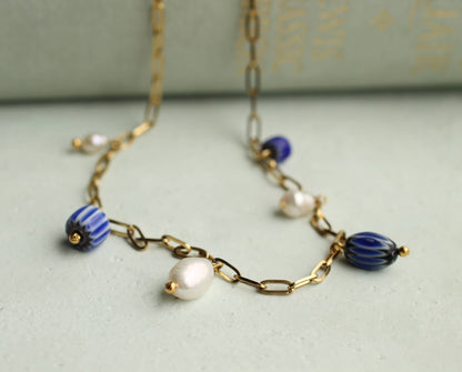 Blue Delft Freshwater Pearl Charm Necklace