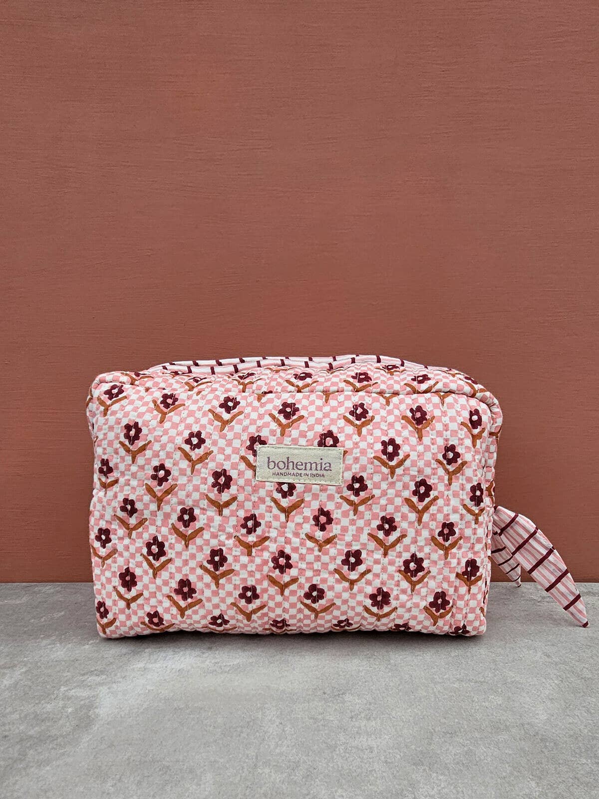 Medium Daisy Check Block Printed Cosmetic Wash Bag Handmade in India