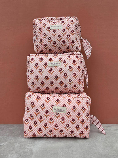 Medium Daisy Check Block Printed Cosmetic Wash Bag Handmade in India