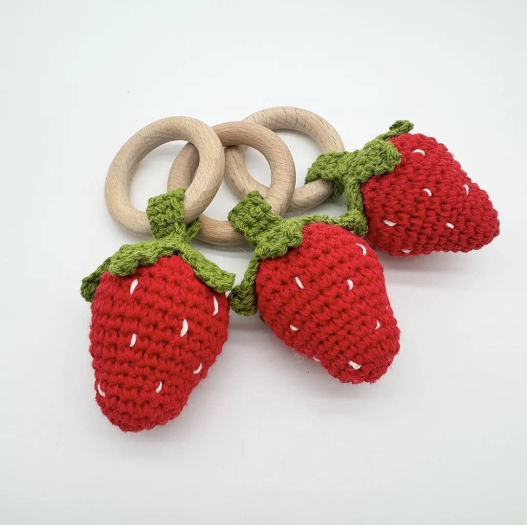 Strawberry Handmade Crocheted Baby Toy Rattle with Beech Wood Ring