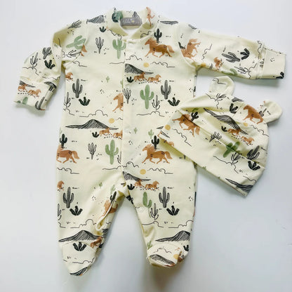 Baby Hats Wild West Cowboy Cactus Horse Print Organic Cotton 0-3 Months