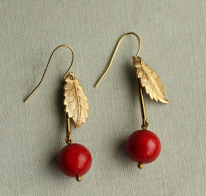 Vintage Glass & Solid Brass Red Cherry Earrings