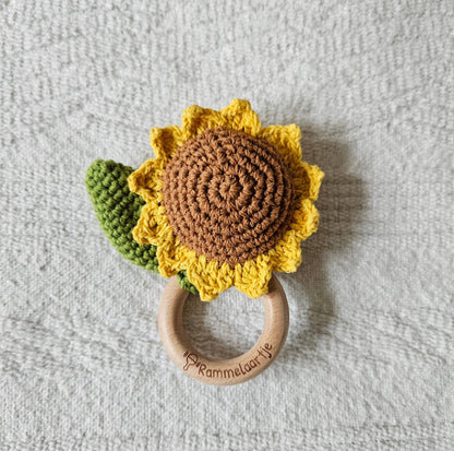 Sunflower Handmade Crochet Baby Toy Rattle with Bell Beech Wood Ring Gift