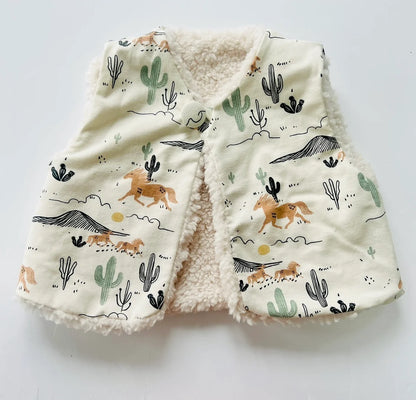 Wild West Gilet Cowboy Horse Cactus Print Organic Cotton Baby Fleece