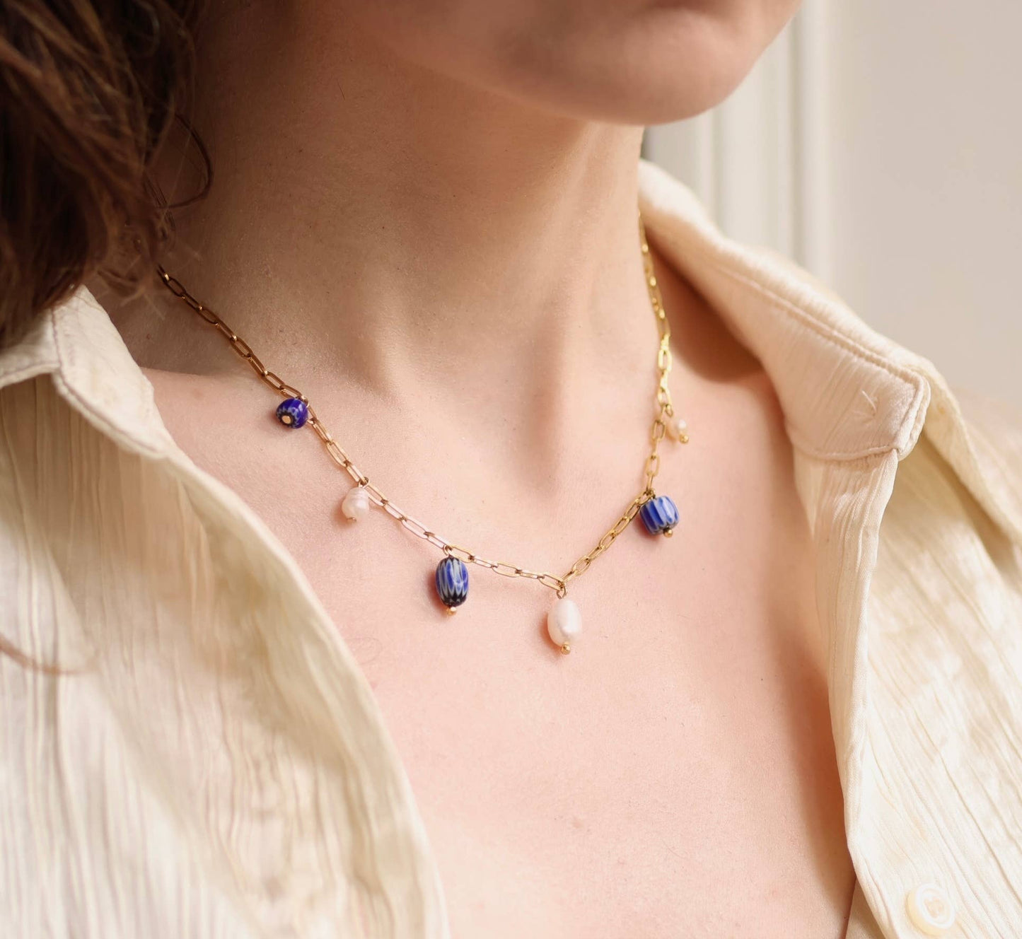 Blue Delft Freshwater Pearl Charm Necklace