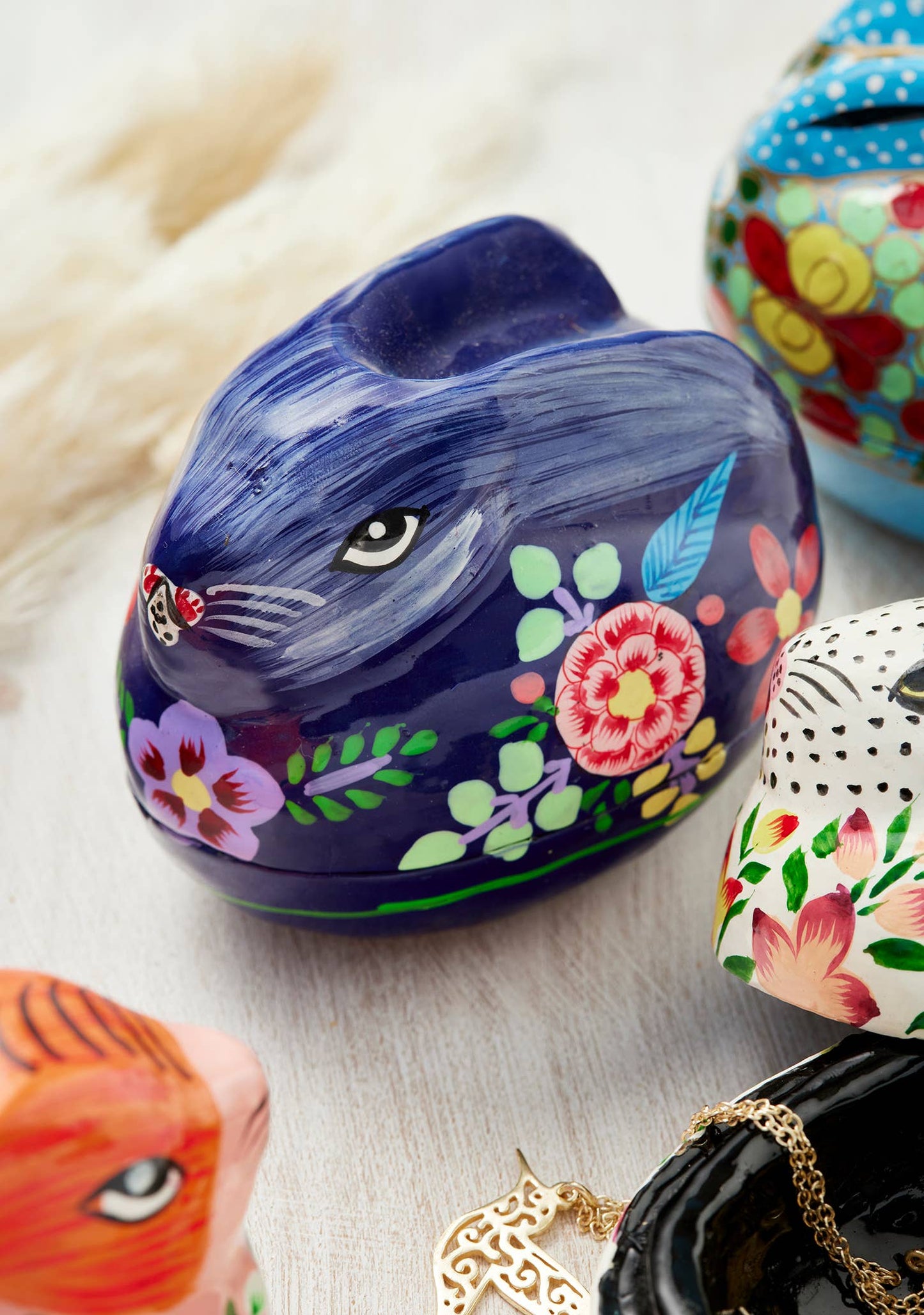 Kashmiri Floral Bunny Handpainted Easter Trinket Box