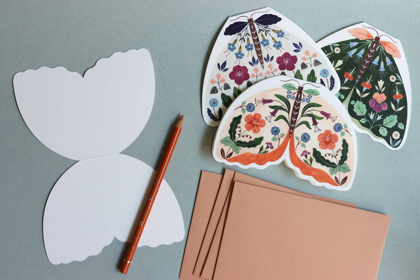 Pale Blue Floral Moth shaped card
