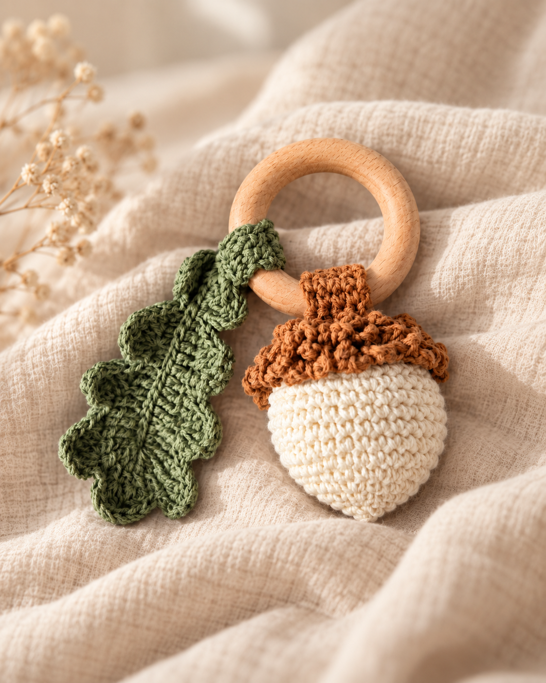 Acorn Handmade Crochet Baby Toy Rattle on Beech Wood Ring Gift