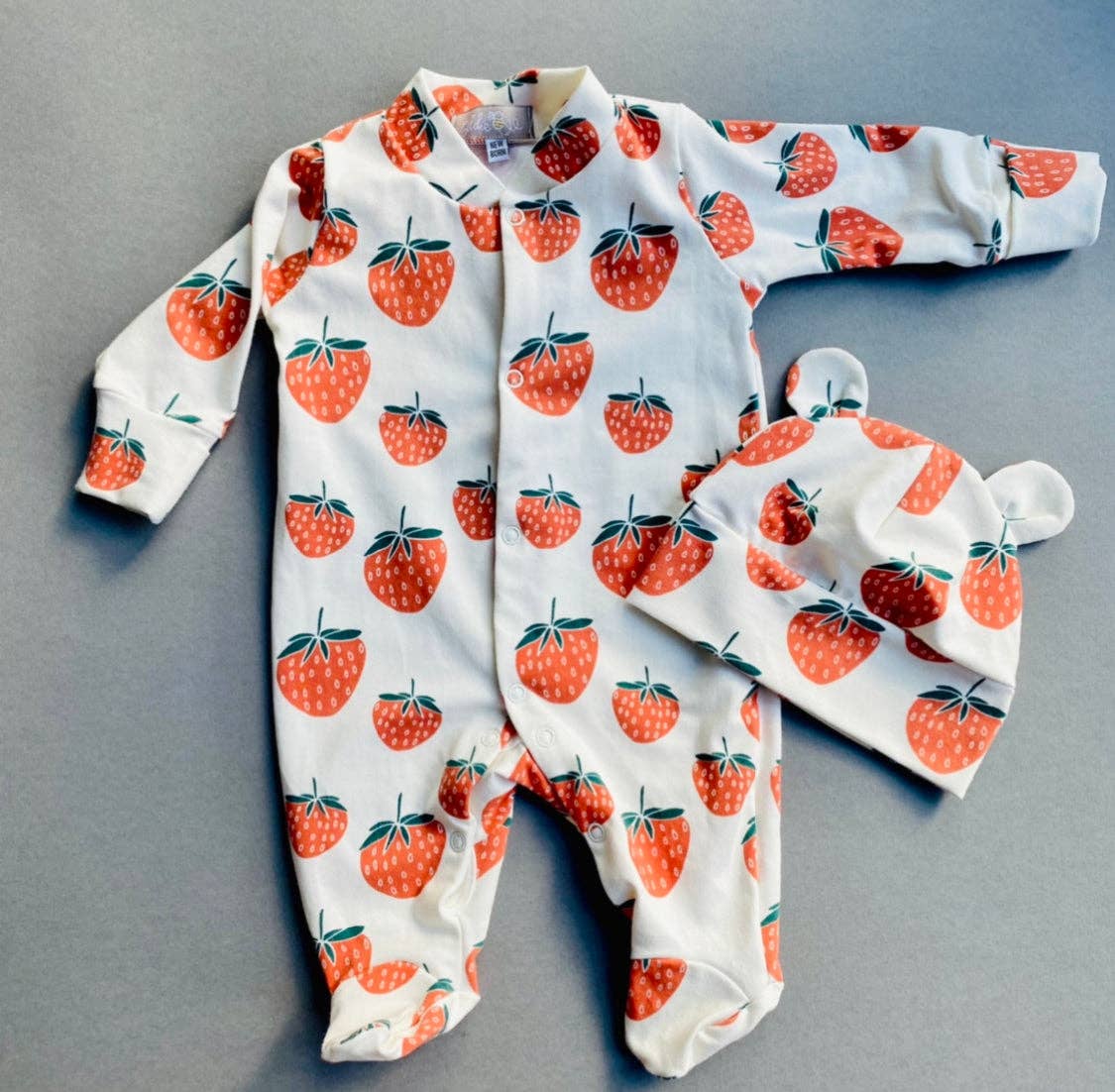 Strawberries & Cream Organic Cotton Baby Sleep Suit Onesie Newborn - 12m