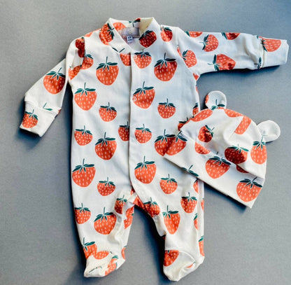 Strawberries & Cream Organic Cotton Baby Sleep Suit Onesie Newborn - 12m