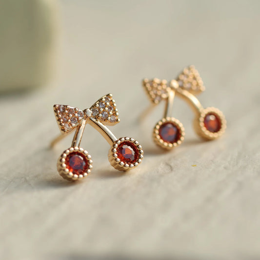 Cherry Stud Crystal Earrings Gold Plated Sterling Silver