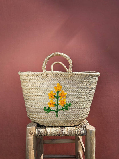 Hand Embroidered Market Basket, Cosmos