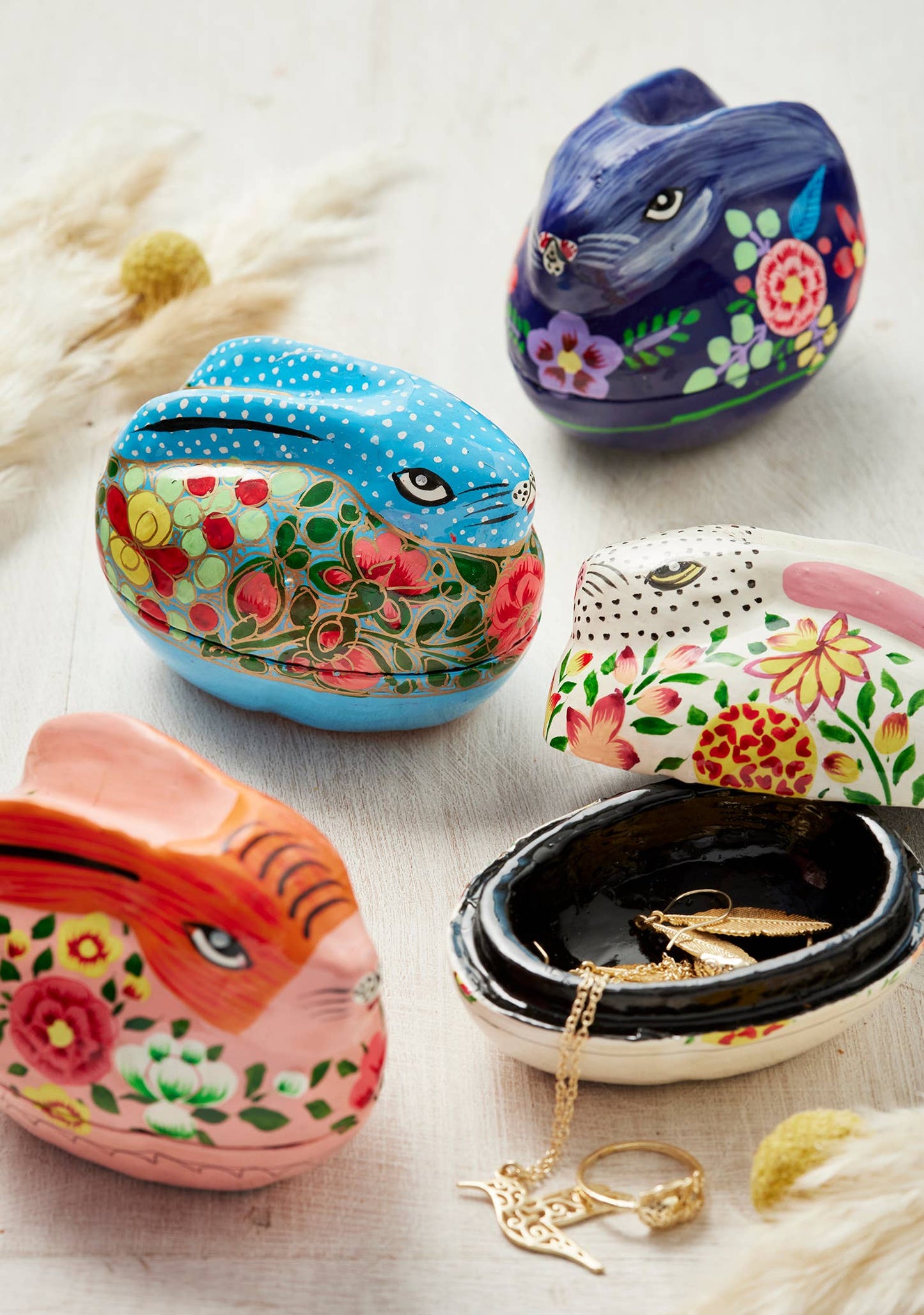 Kashmiri Floral Bunny Handpainted Easter Trinket Box