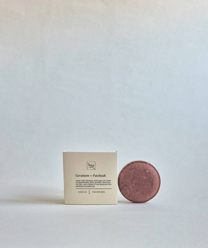 Geranium & Patchouli Vegan Solid Shampoo with Argan Oil, Red Clay & Jojoba