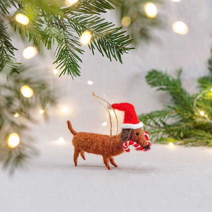 Felt Sausage Dog with Candy Cane Hanging Decoration