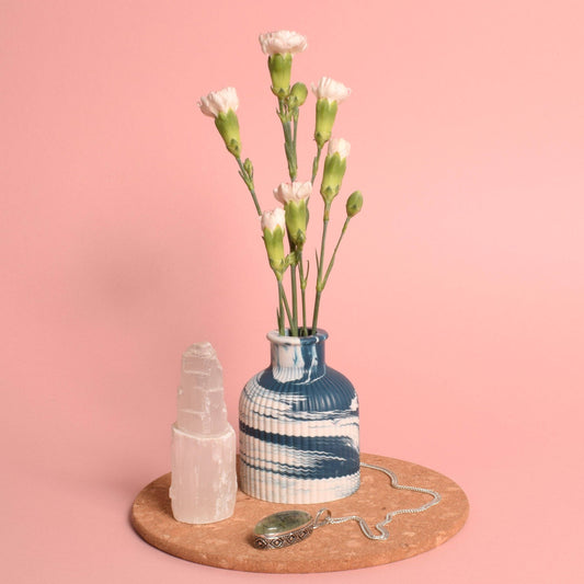 Ribbed Blue & White Marbled Bud Vase