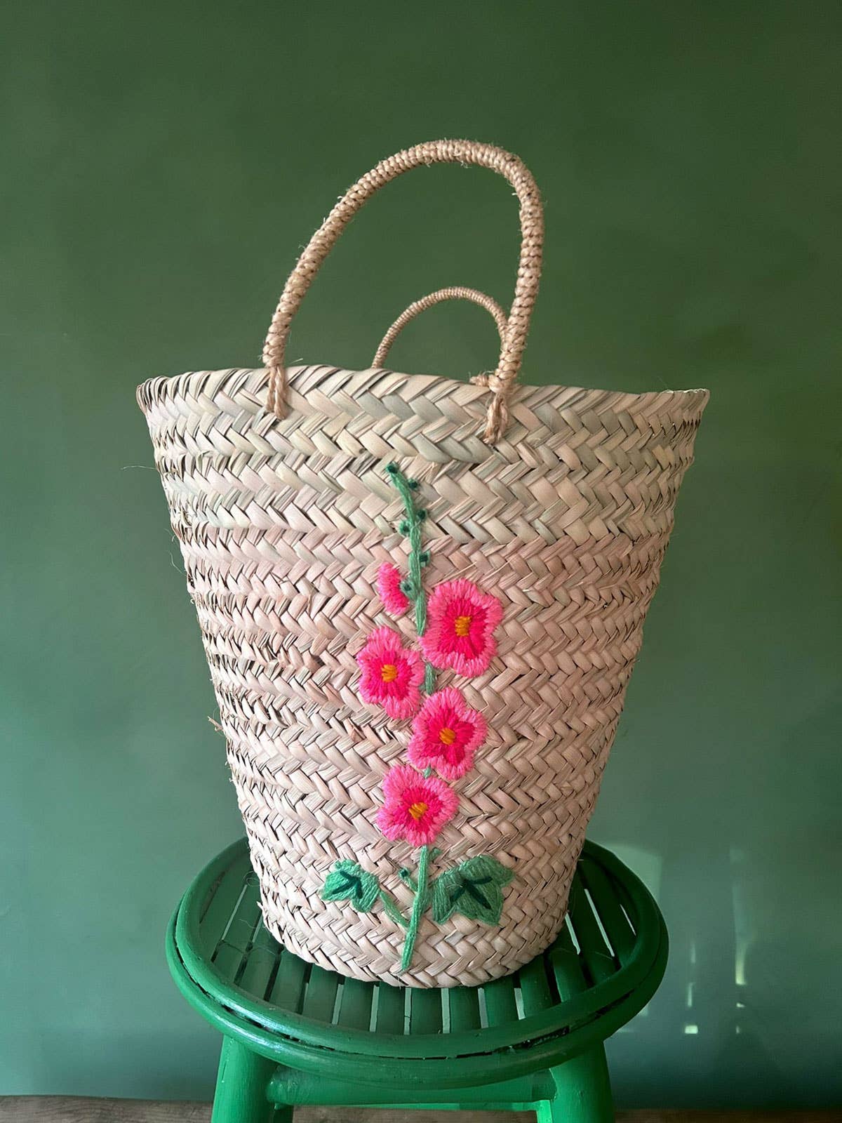Hand Embroidered Basket, Hollyhock
