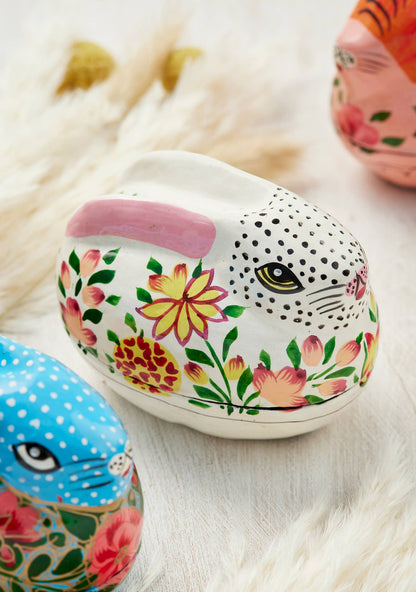 Kashmiri Floral Bunny Handpainted Easter Trinket Box