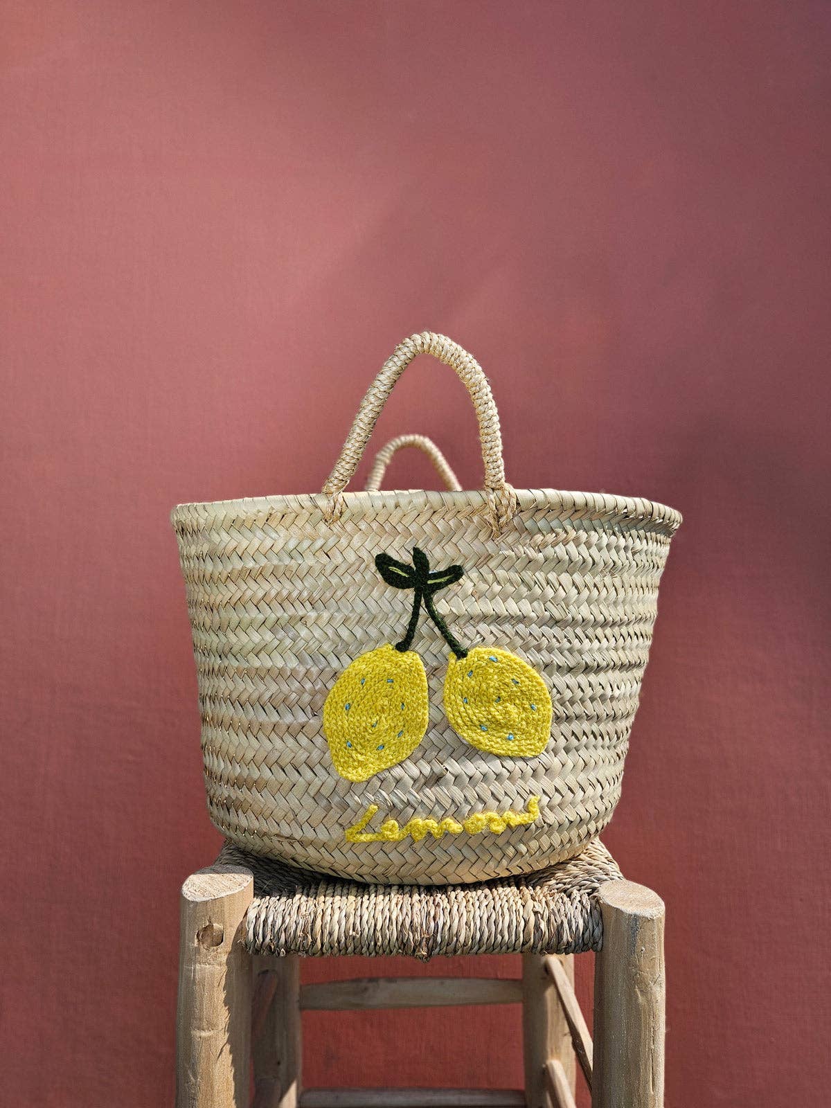 Hand Embroidered Market Basket, Lemons