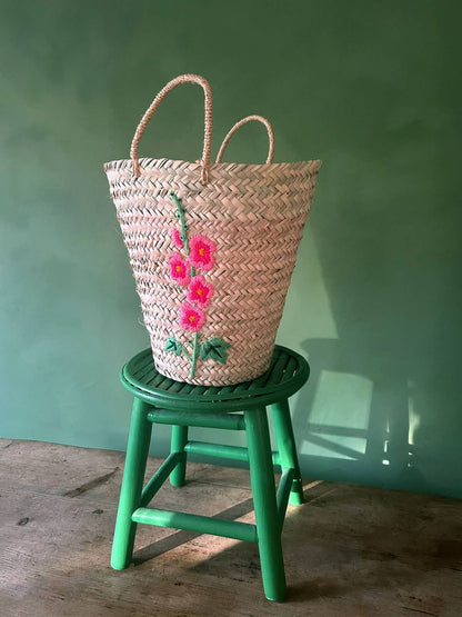 Hand Embroidered Basket, Hollyhock