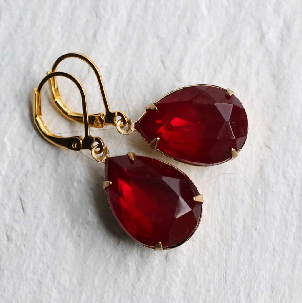 Vintage Ruby Red Teardrop Earrings