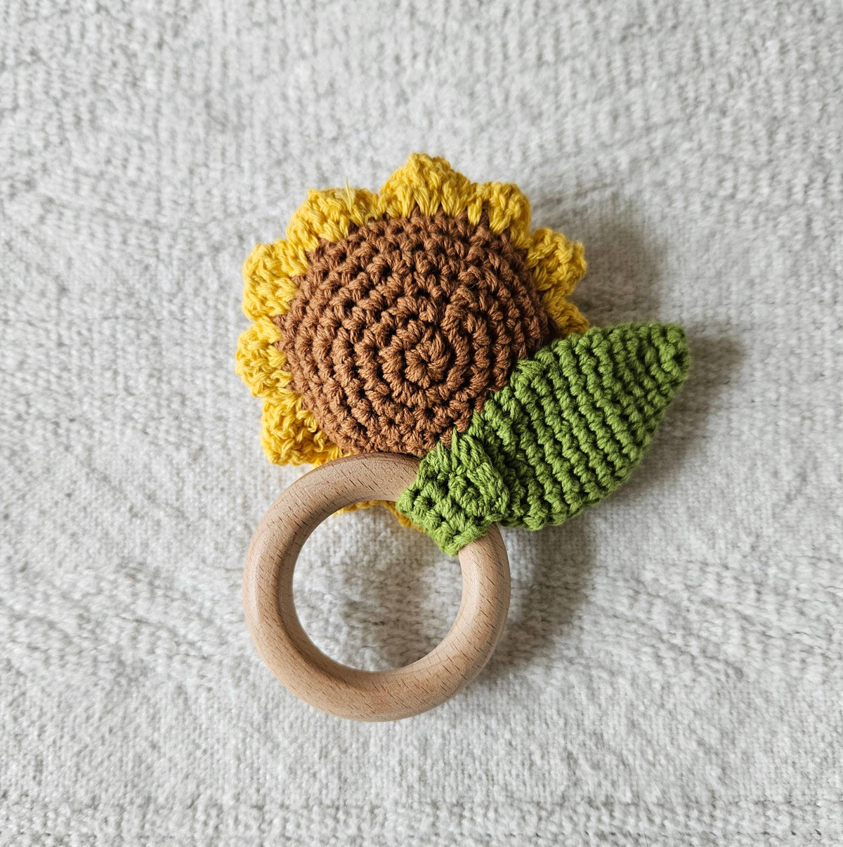Sunflower Handmade Crochet Baby Toy Rattle with Bell Beech Wood Ring Gift